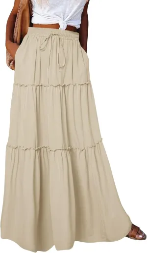 Long Skirts for Women Trendy Womens Boho Maxi Skirt Elastic High Waist Pleated Ruffle Flowy Long Skirts White Skirt S-XL