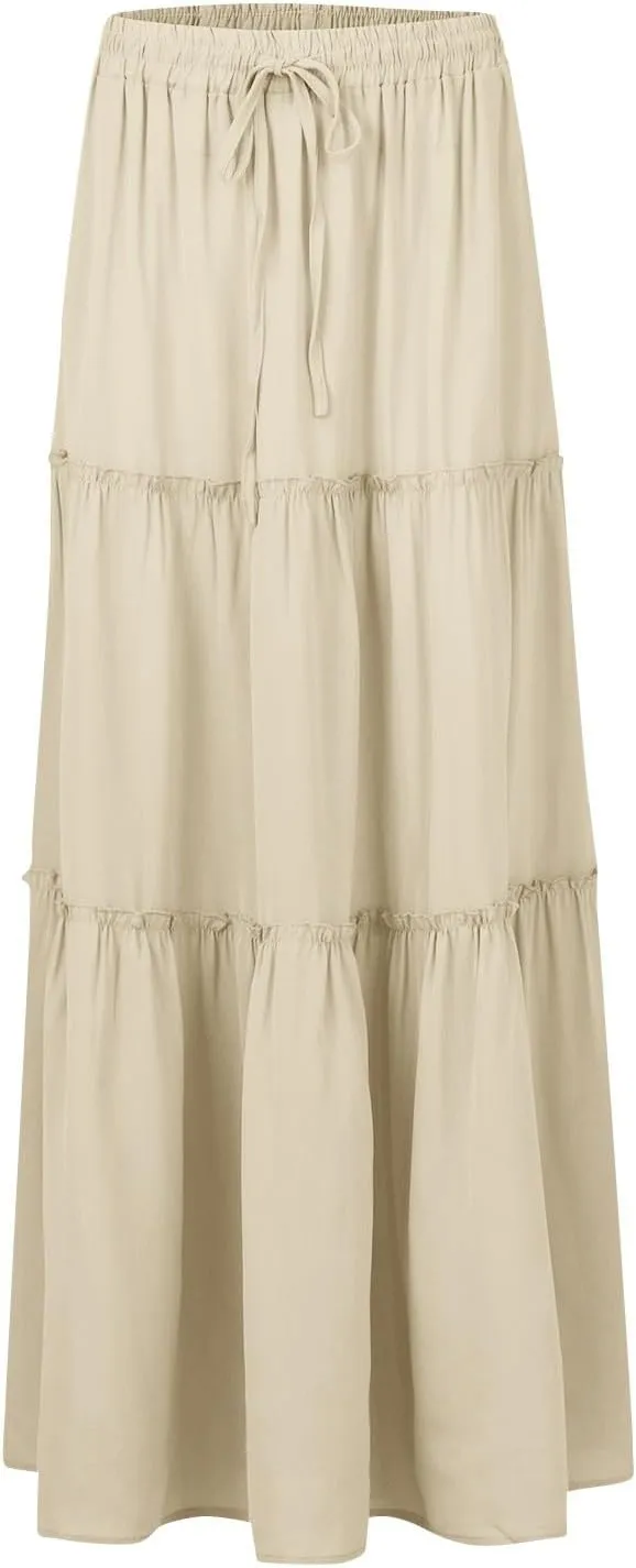 Long Skirts for Women Trendy Womens Boho Maxi Skirt Elastic High Waist Pleated Ruffle Flowy Long Skirts White Skirt S-XL