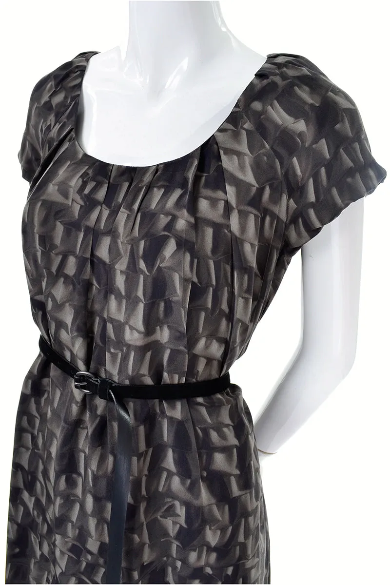 Moschino Vintage Brown Ruffles Print 1990s Silk Dress With Suede Belt