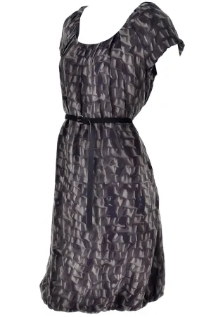 Moschino Vintage Brown Ruffles Print 1990s Silk Dress With Suede Belt