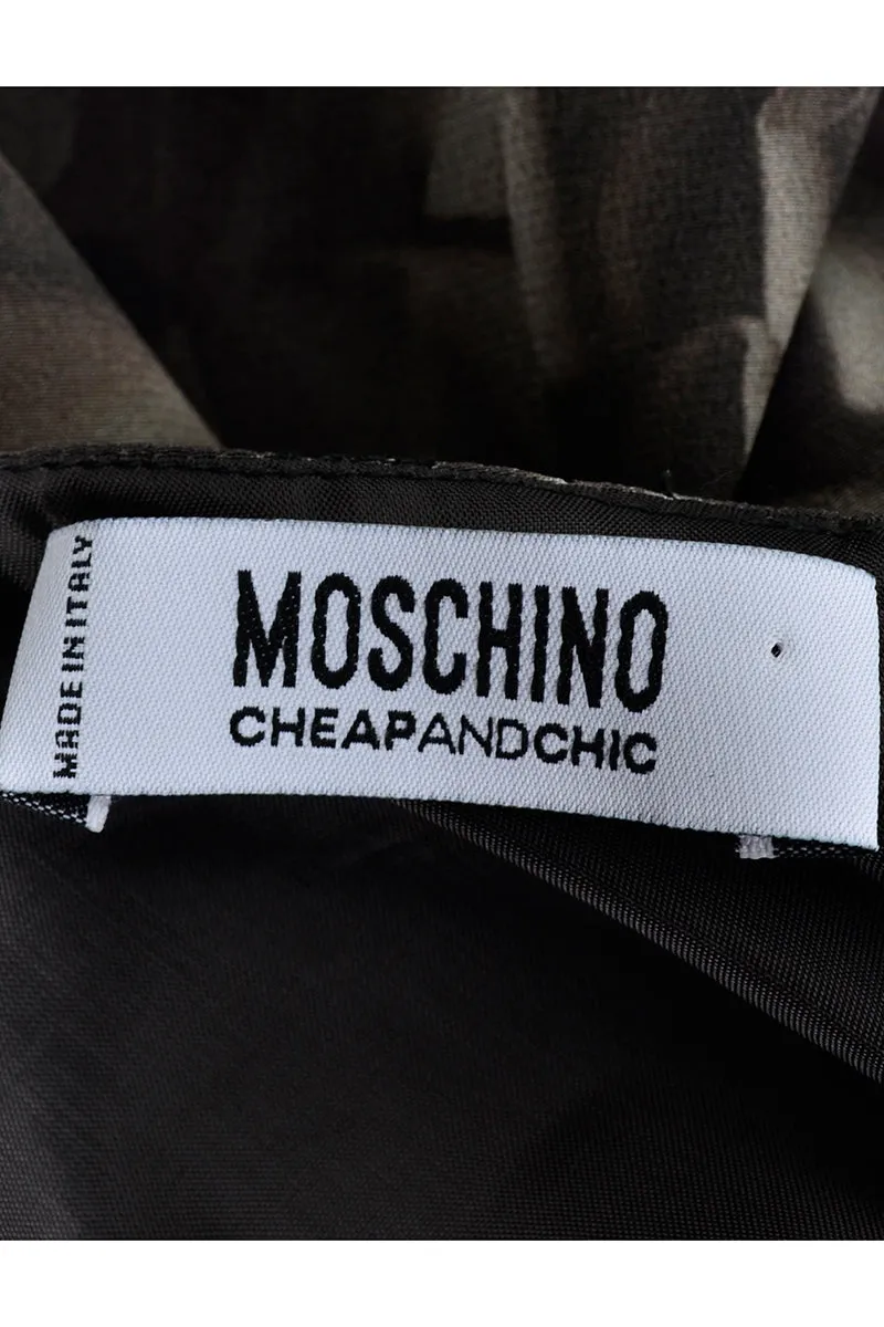 Moschino Vintage Brown Ruffles Print 1990s Silk Dress With Suede Belt