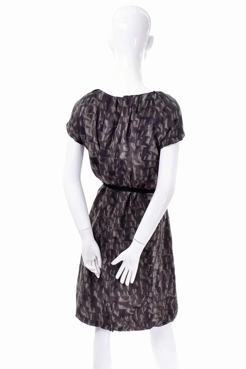 Moschino Vintage Brown Ruffles Print 1990s Silk Dress With Suede Belt