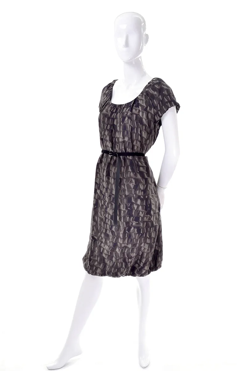 Moschino Vintage Brown Ruffles Print 1990s Silk Dress With Suede Belt