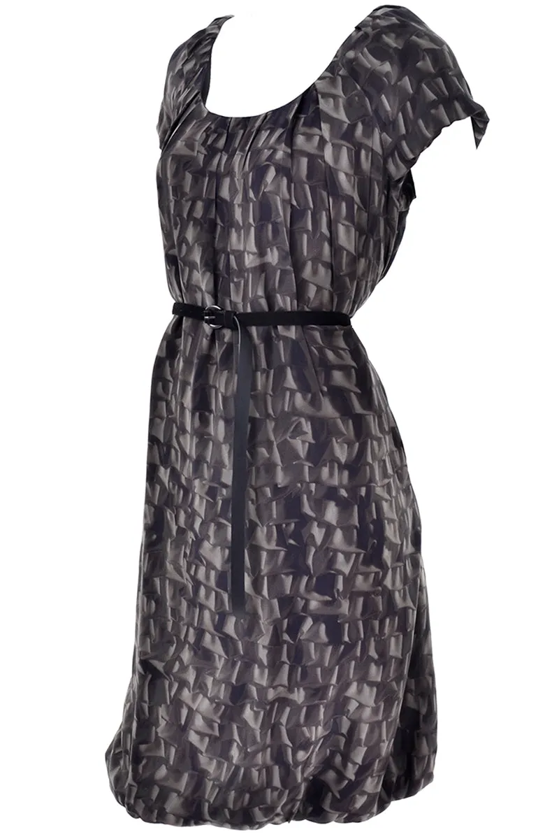 Moschino Vintage Brown Ruffles Print 1990s Silk Dress With Suede Belt