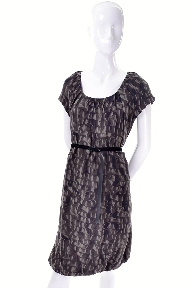 Moschino Vintage Brown Ruffles Print 1990s Silk Dress With Suede Belt