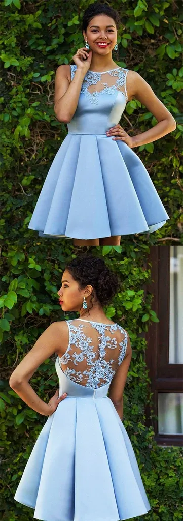 Promfast Chic Sleeveless A Line Knee Length Satin Lace Applique Homecoming Dresses PFH0366