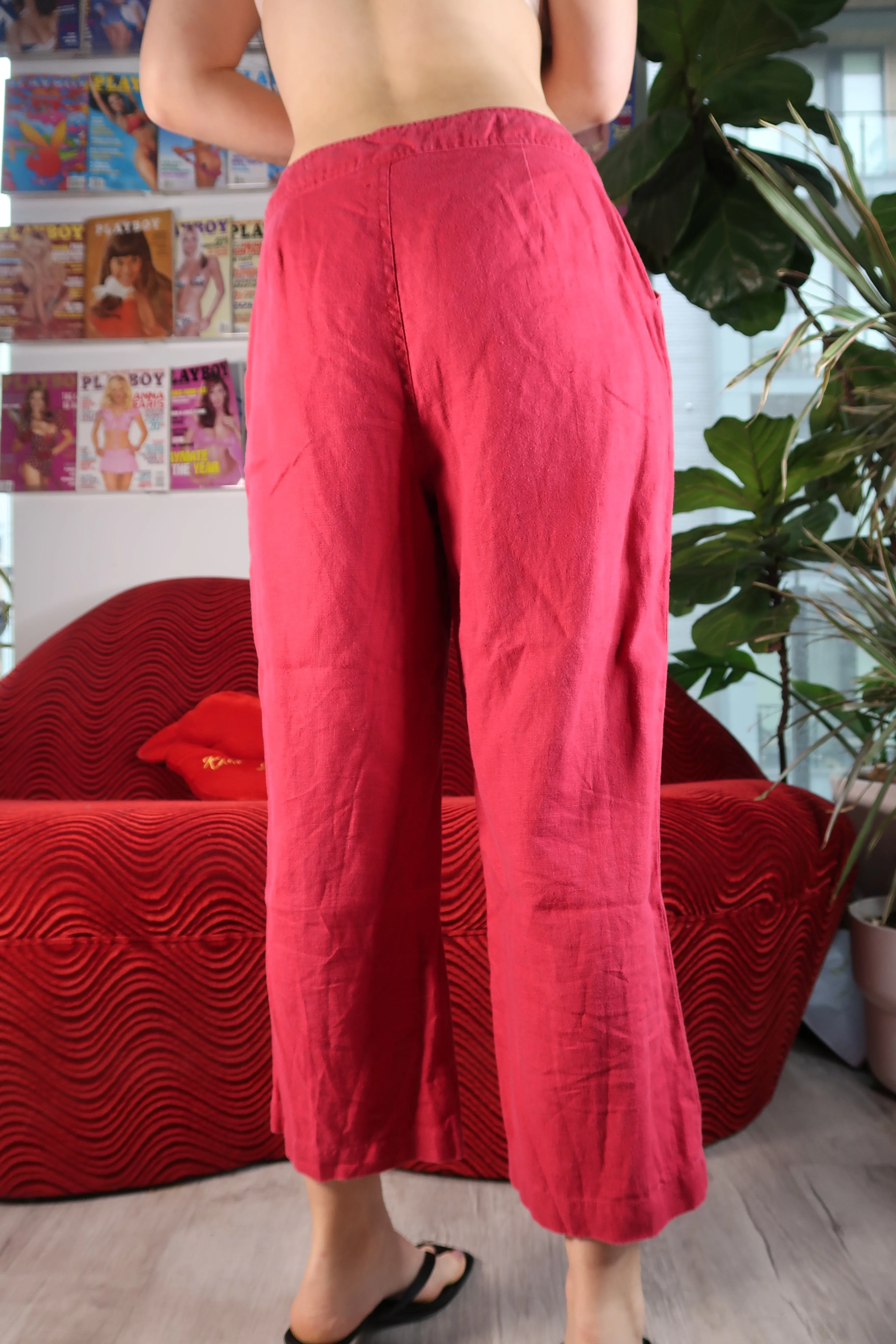 Red Linen Drawstring Wide Leg Capris