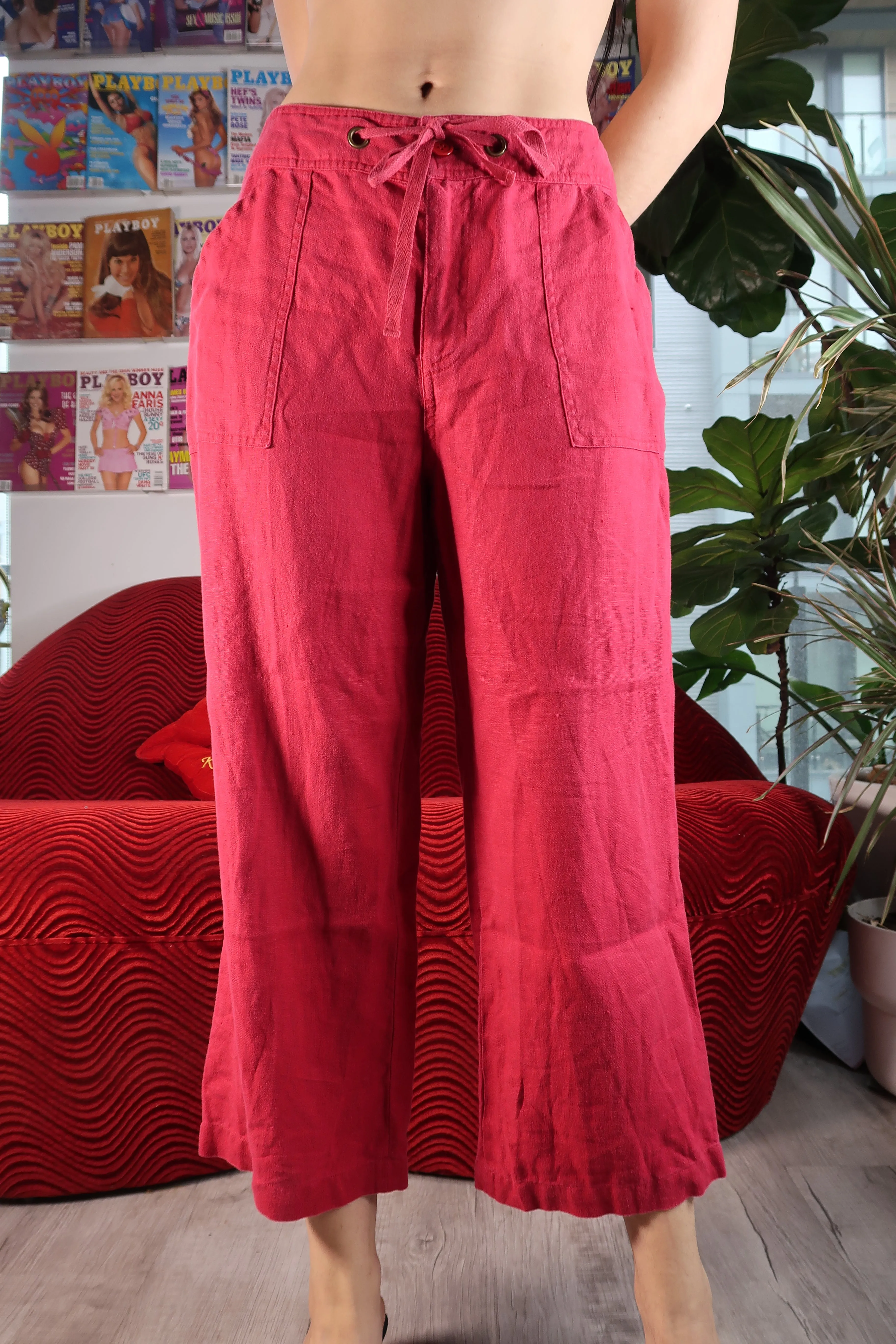 Red Linen Drawstring Wide Leg Capris