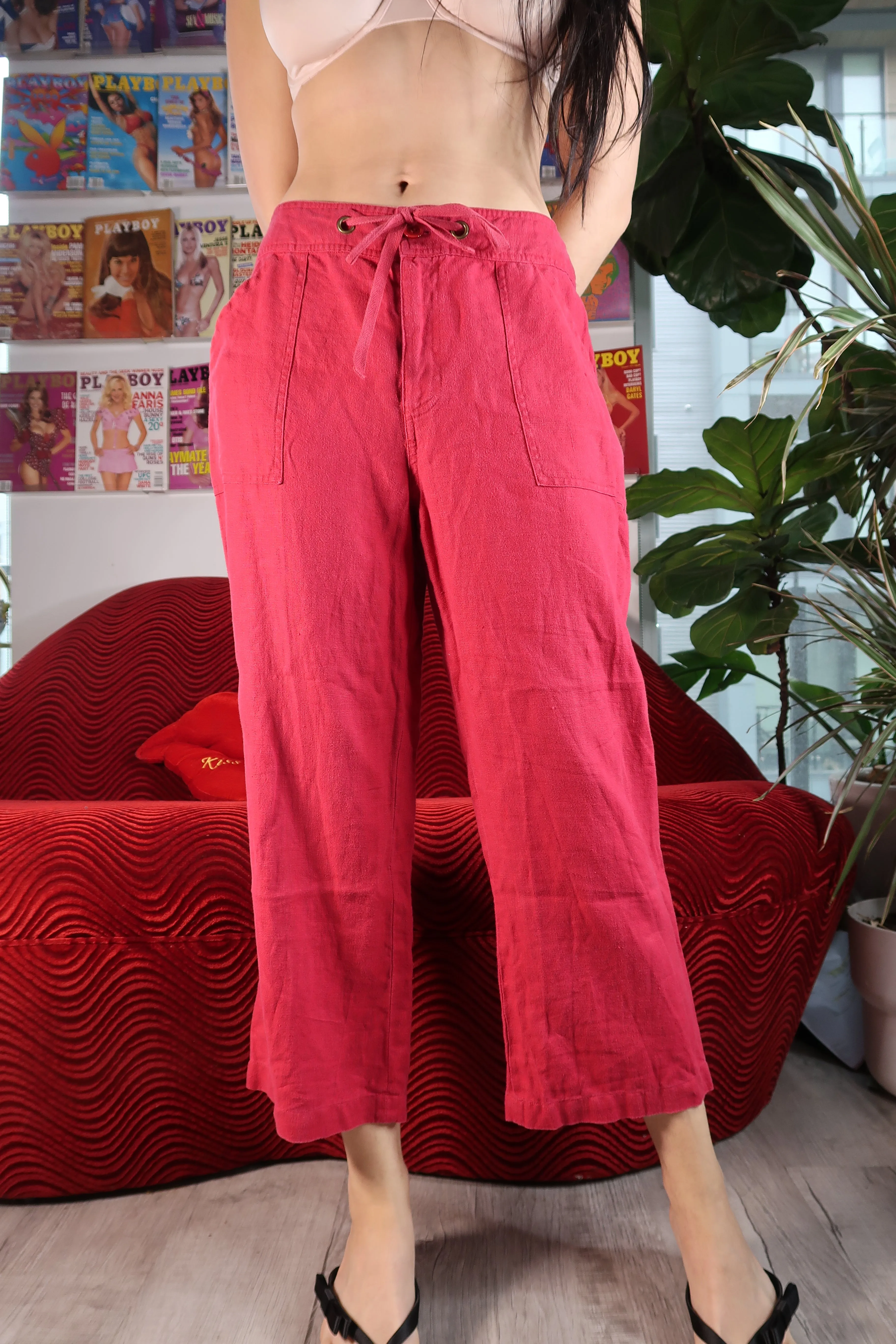 Red Linen Drawstring Wide Leg Capris