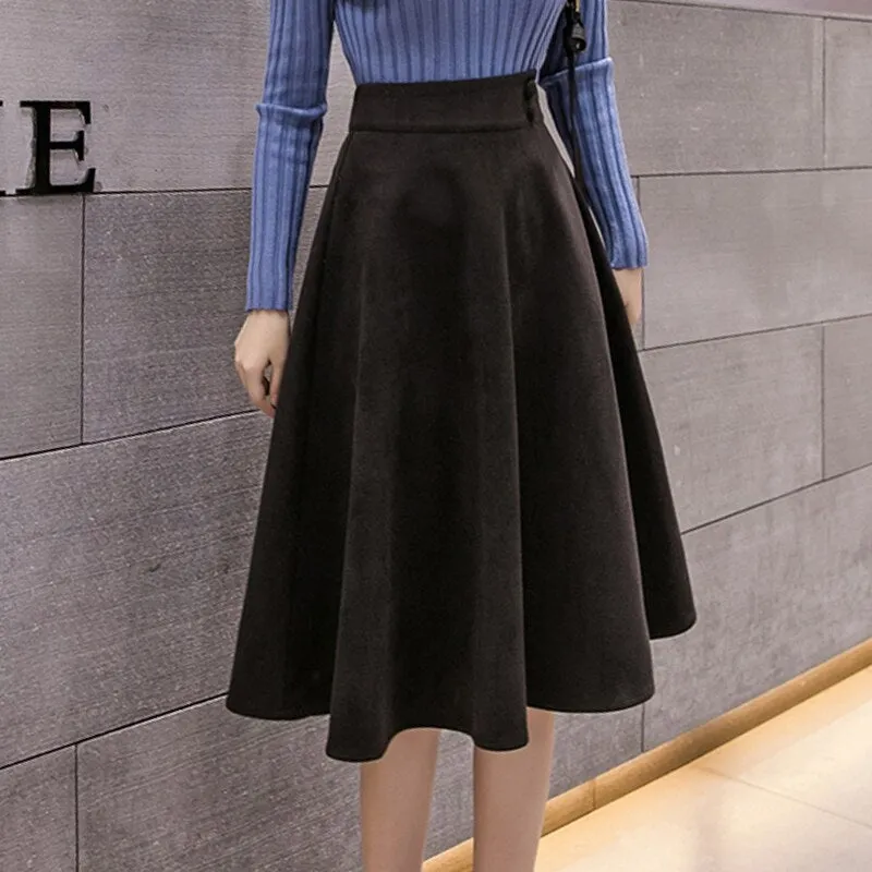 Skirt High Waist Two Button Solid Elegant Mid Woolen Skirts