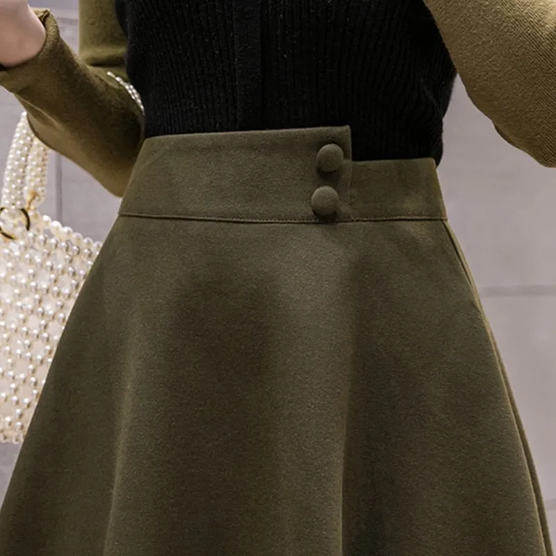 Skirt High Waist Two Button Solid Elegant Mid Woolen Skirts