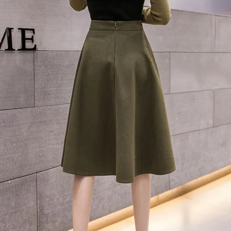 Skirt High Waist Two Button Solid Elegant Mid Woolen Skirts
