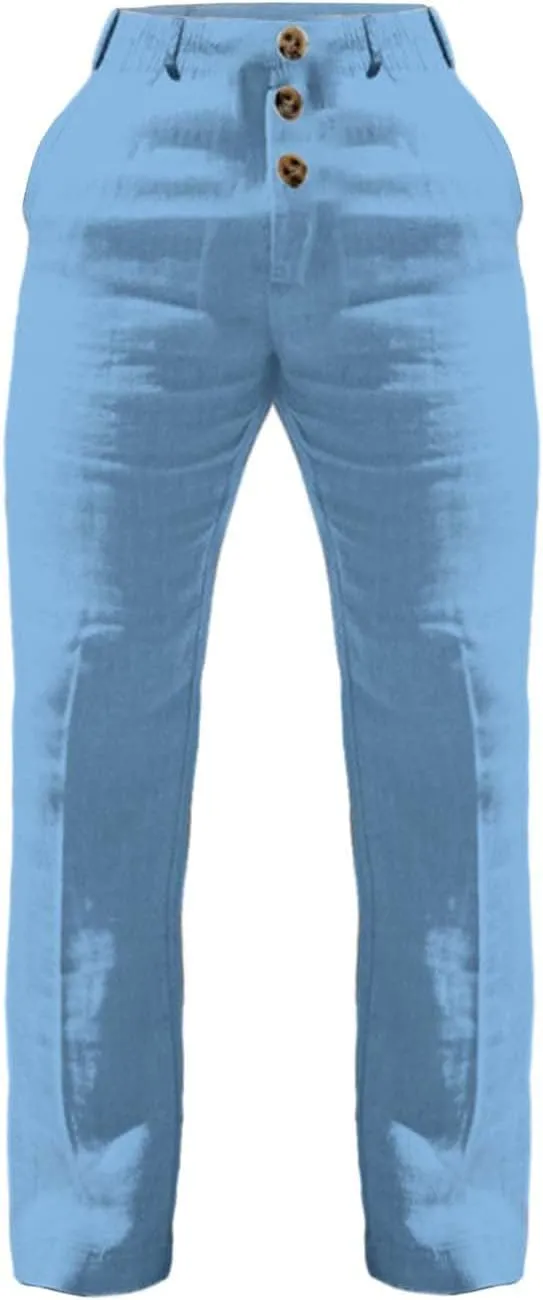 Tready Cruise Wear for Men Linen Cotton Straight Wide Leg Casual Trousers Summer Breathable Beach Yoga Pant with Pockets