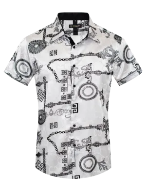 White Men's Graphic Design Short Sleeves Shiny Shirt Satin Material