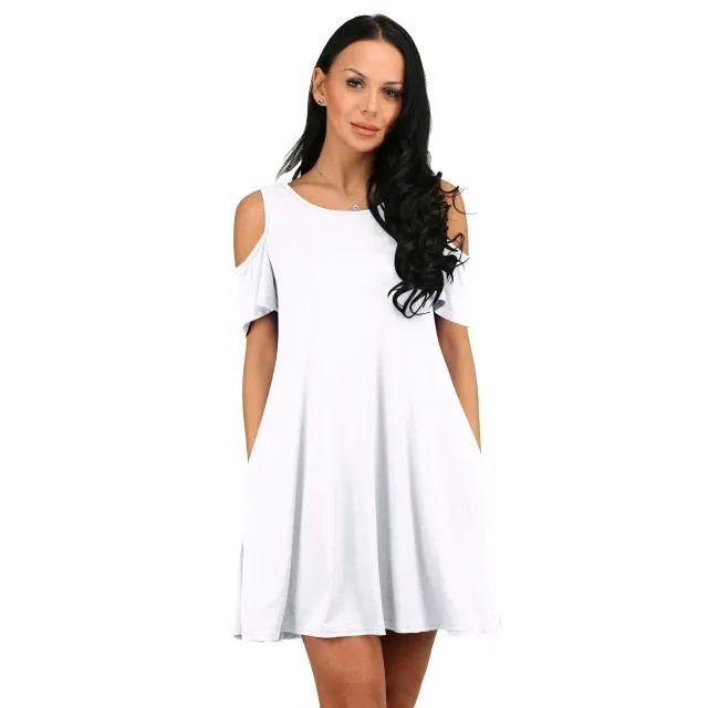 Women Short Sleeve Off Shoulder Dress 2020 O-Neck Knee Length Dress Thin Spring Female Vestidos De Fiesta with Pocket