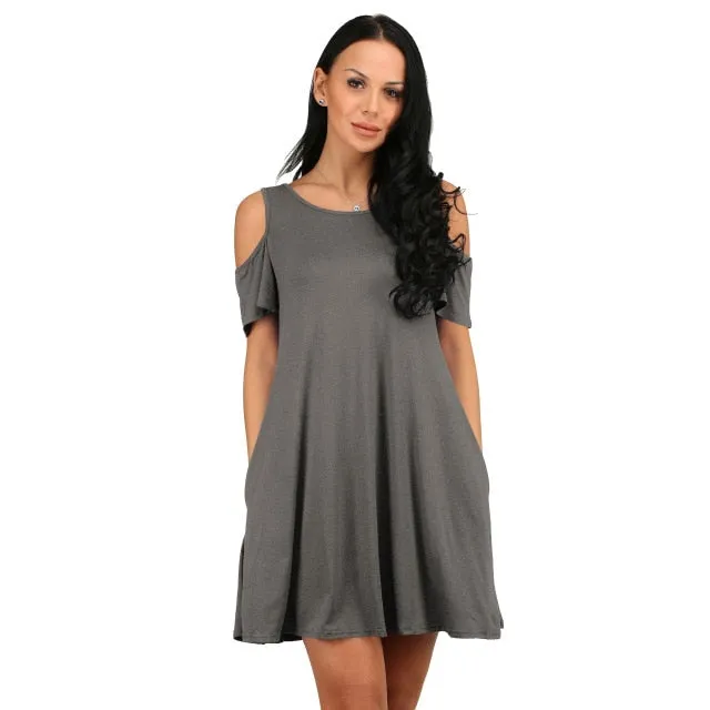 Women Short Sleeve Off Shoulder Dress 2020 O-Neck Knee Length Dress Thin Spring Female Vestidos De Fiesta with Pocket