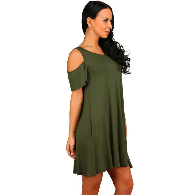 Women Short Sleeve Off Shoulder Dress 2020 O-Neck Knee Length Dress Thin Spring Female Vestidos De Fiesta with Pocket