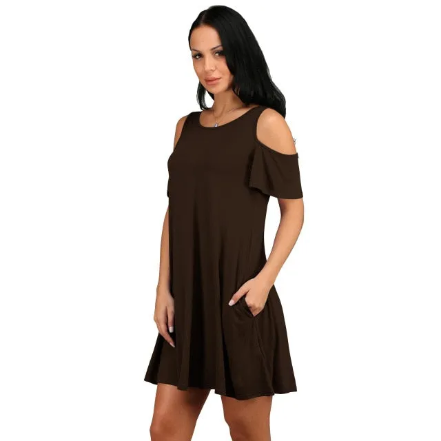 Women Short Sleeve Off Shoulder Dress 2020 O-Neck Knee Length Dress Thin Spring Female Vestidos De Fiesta with Pocket