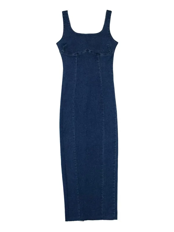 Women's elegant suspender denim long dress