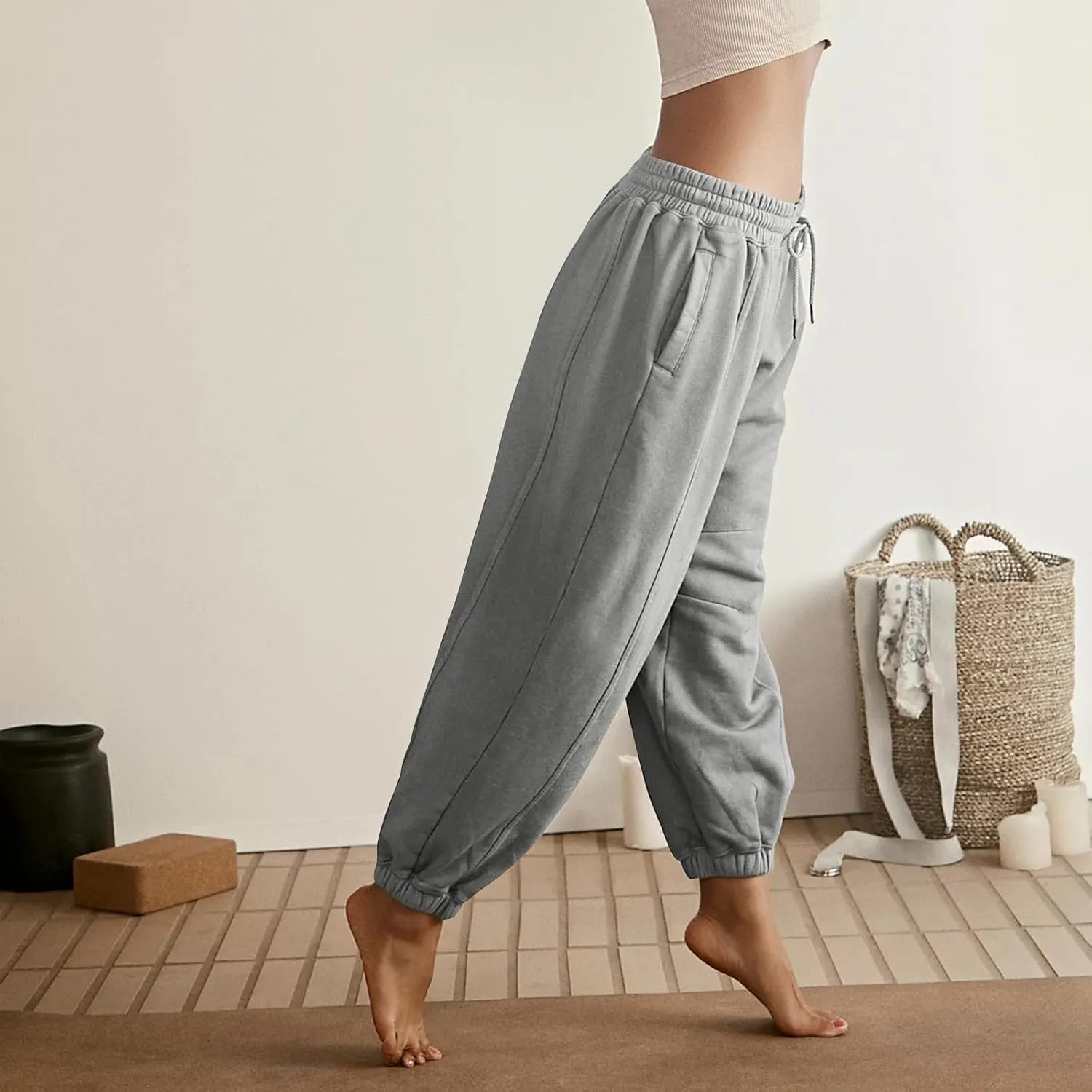 Womens Sweatpants Joggers Elastic High Waist Drawstring Lightweight Office Pants Slim Fit Trousers with Pocket 2024
