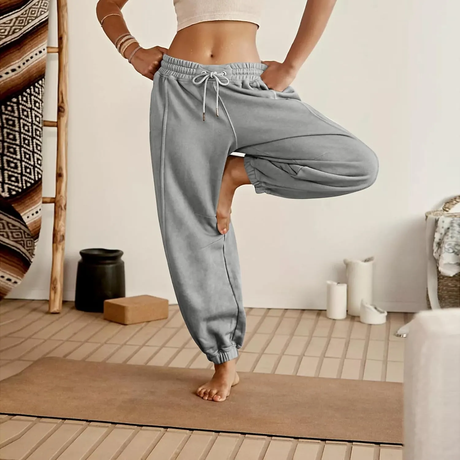 Womens Sweatpants Joggers Elastic High Waist Drawstring Lightweight Office Pants Slim Fit Trousers with Pocket 2024